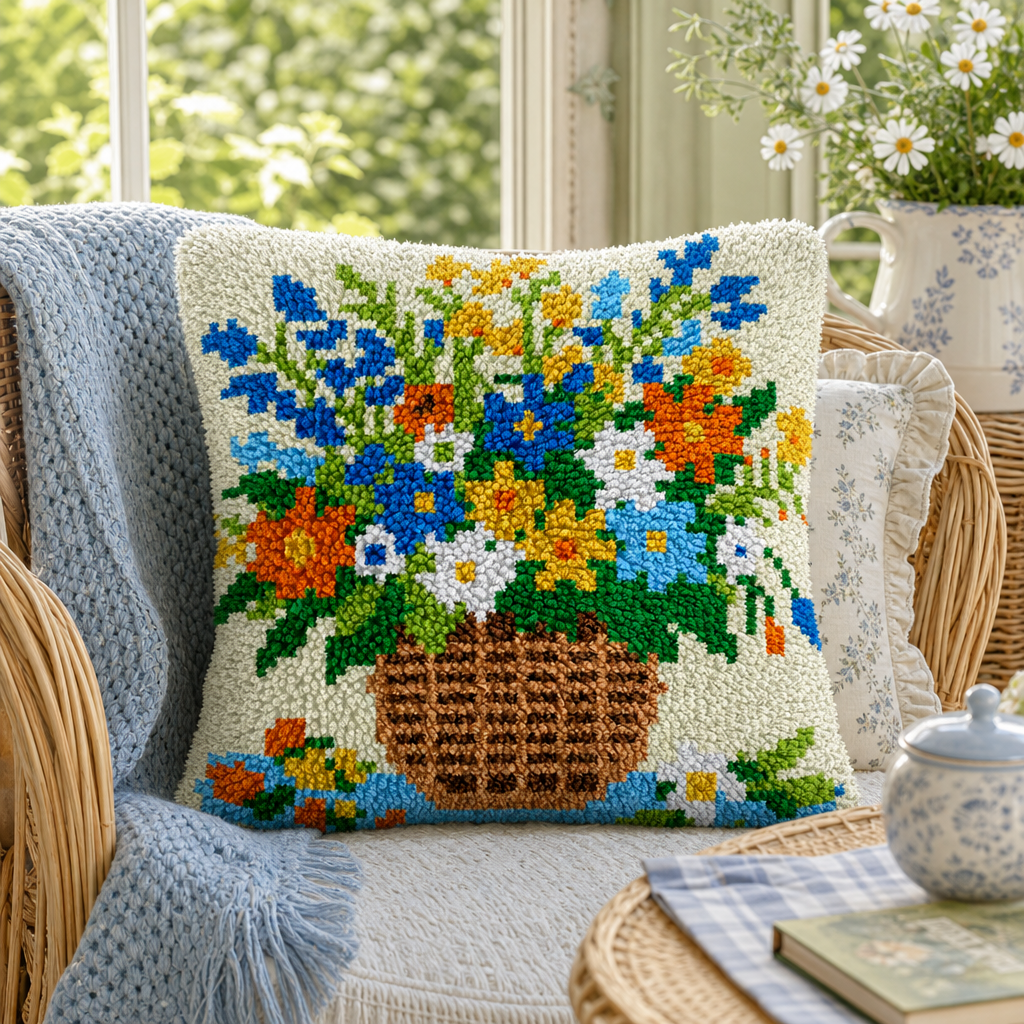 Latch Hook Pillow Making Kit - Romantic Floral Basket Design