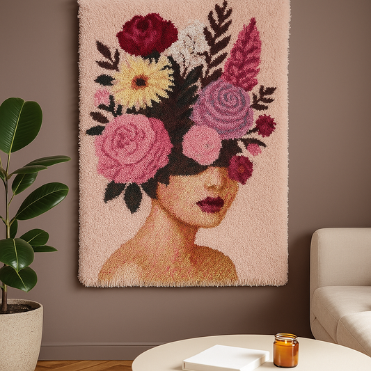 Latch Hook Rug Making Kit - Botanical Pink Passion Goddess 110x70cm