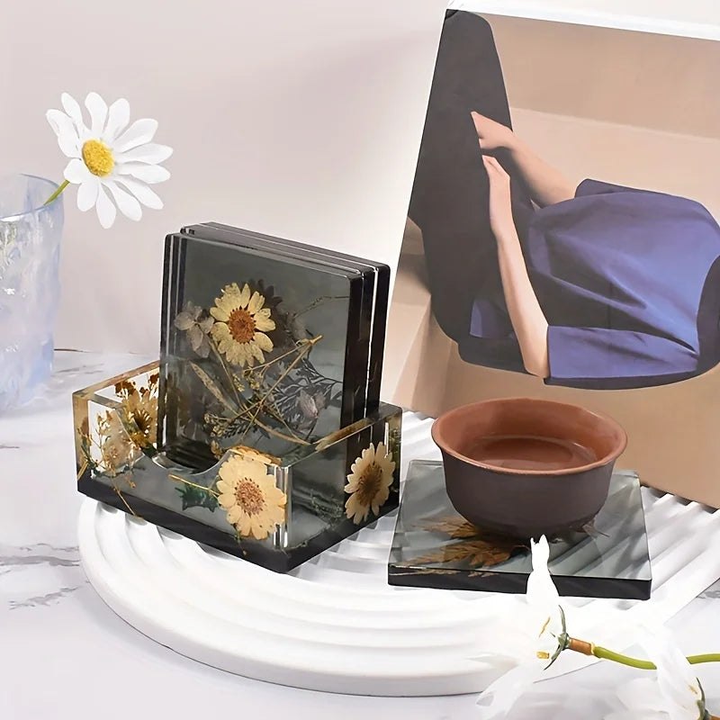 4pc Coaster Set with BONUS Storage Rack Resin Silicone Mould Set