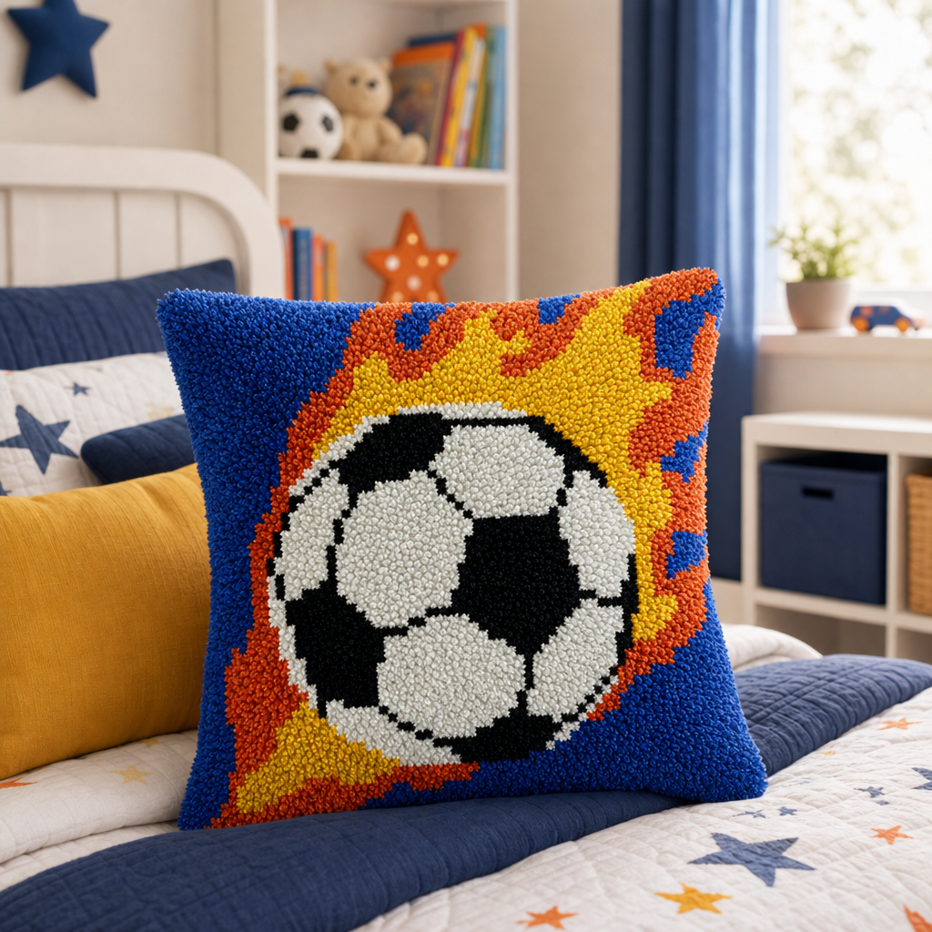 Latch Hook Pillow Making Kit - Flaming Soccer Ball Design
