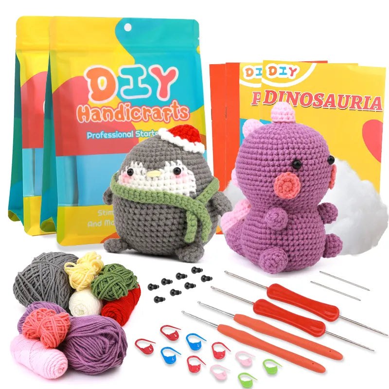 Beginners Crochet Knitting Kit - Purple Dinosaur & Winter Penguin