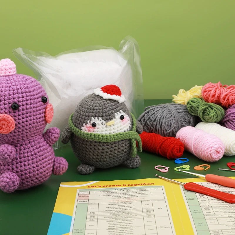 Beginners Crochet Knitting Kit - Purple Dinosaur & Winter Penguin