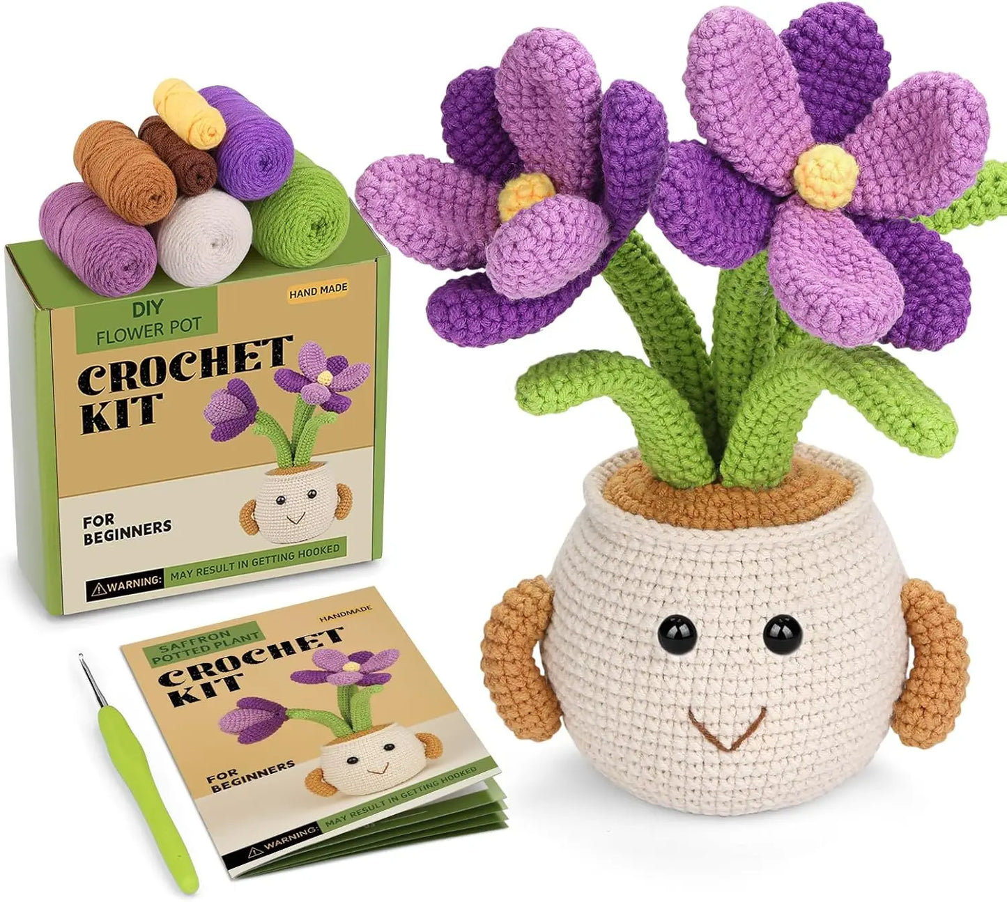 Crochet Smiley Flower Pot Starter Kit - Purple Flowers