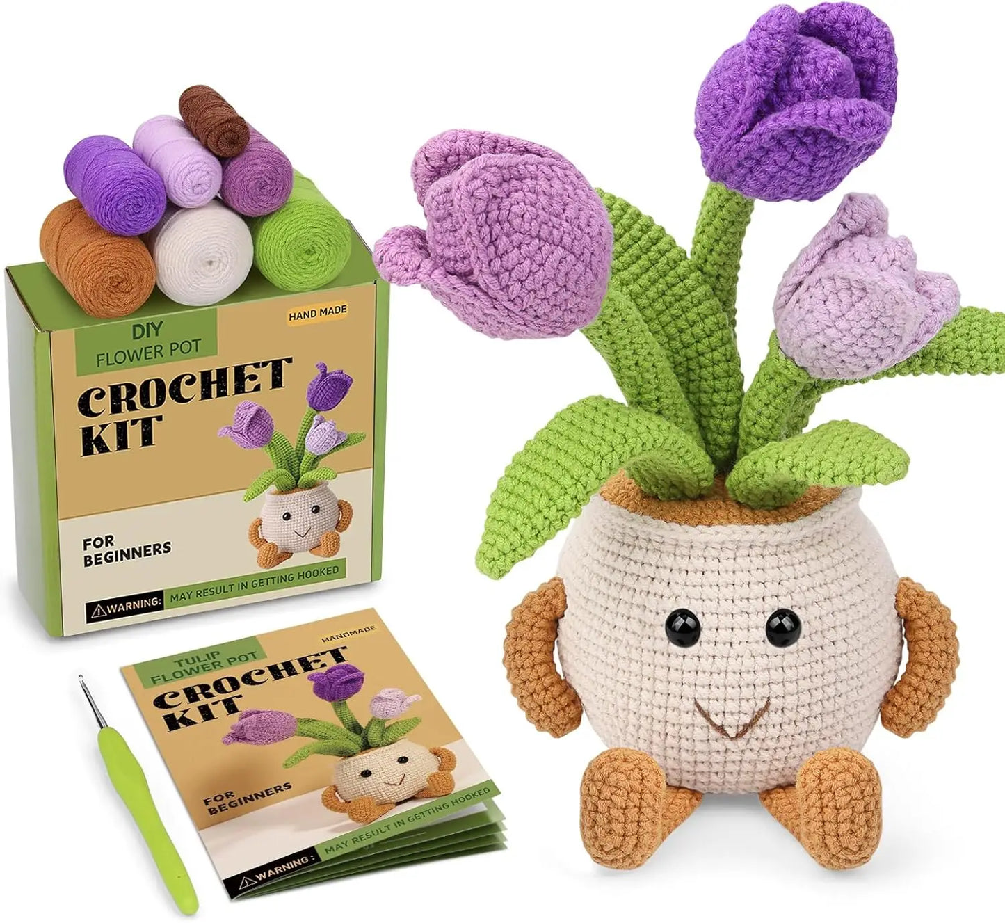 Crochet Smiley Flower Pot Starter Kit - Purple Tulips