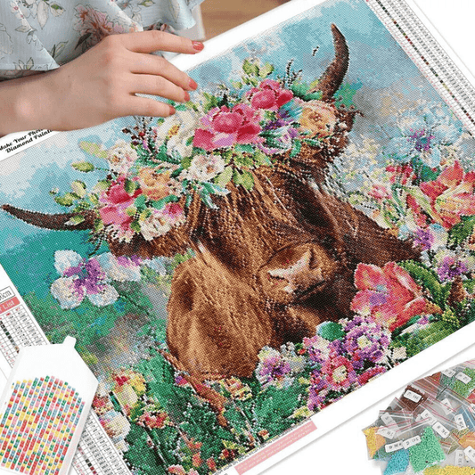 Diamond Painting Kit 5D Mosaic - Floral Scottish Highlander Coo