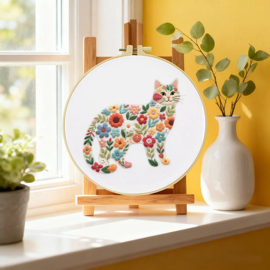 Embroidery DIY Starter Kit - Cat Floral Arrangement