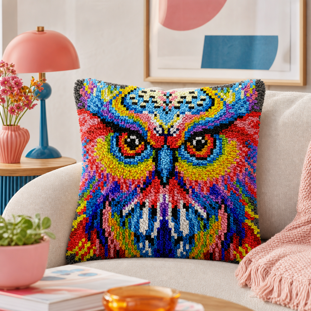 Latch Hook Pillow Making Kit - Psychedelic Owl Design