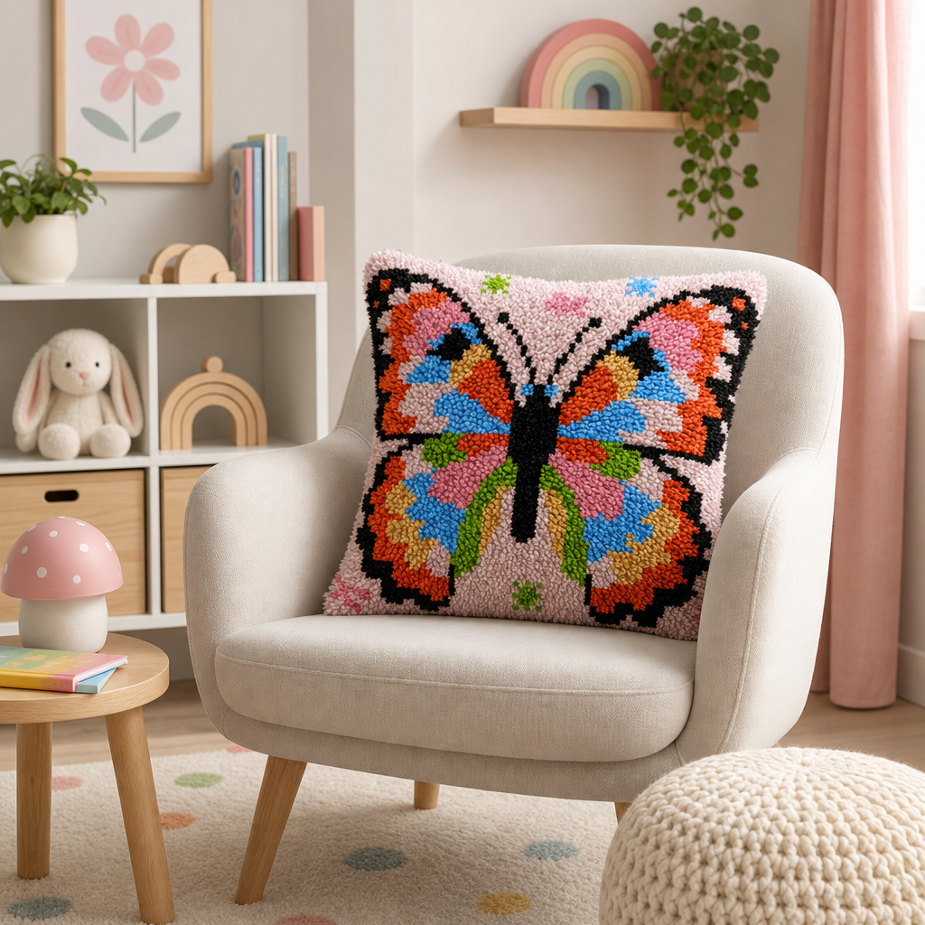 Latch Hook Pillow Making Kit - Pink Butterfly Design