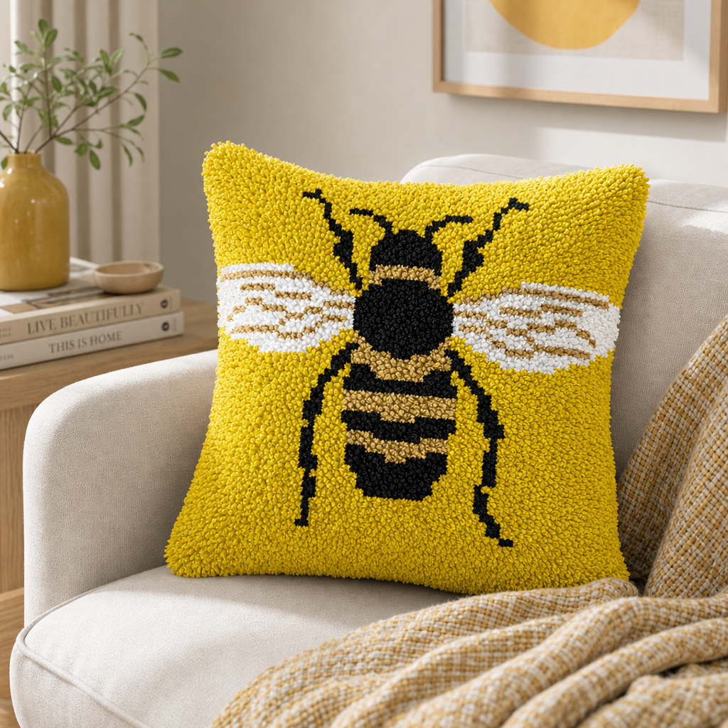 Latch Hook Pillow Making Kit - Yellow Bumble Bee Design