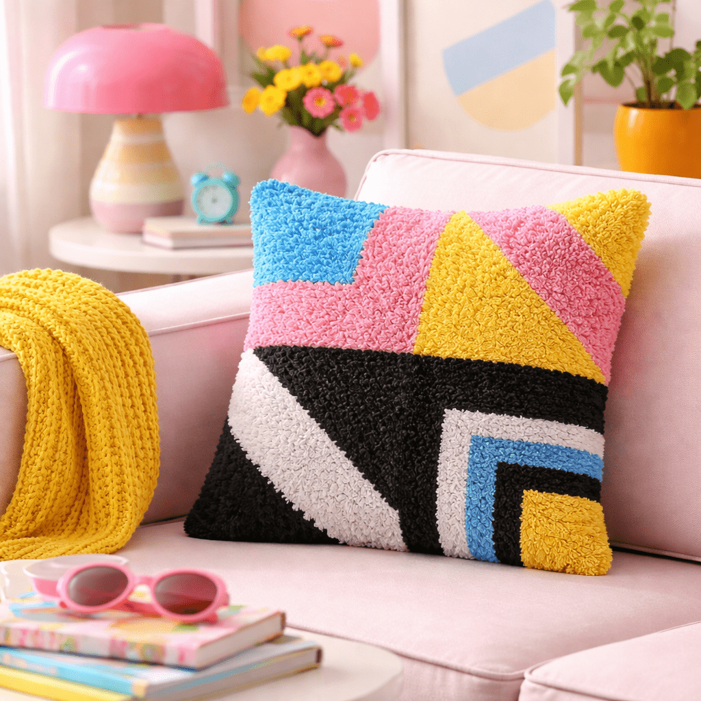 Latch Hook Pillow Making Kit - 80s Vibe Geo - DIY Craft Project