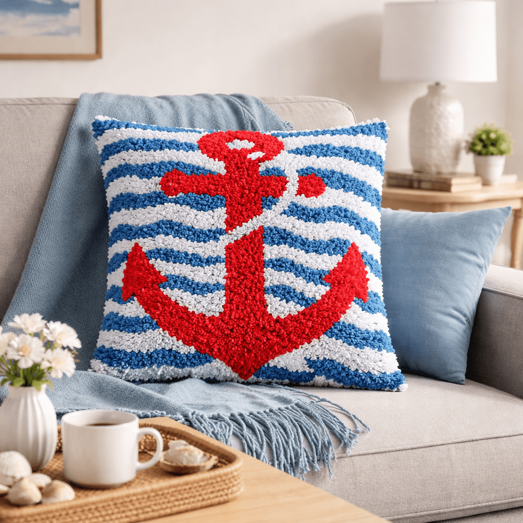 Latch Hook Pillow Making Kit - Anchors Ahoy - Crafting Fun Kit