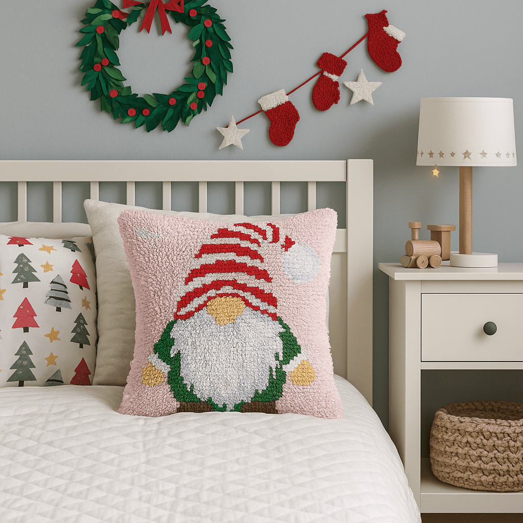 Latch Hook Pillow Making Kit - Christmas Gnome - Holiday Crafting Fun