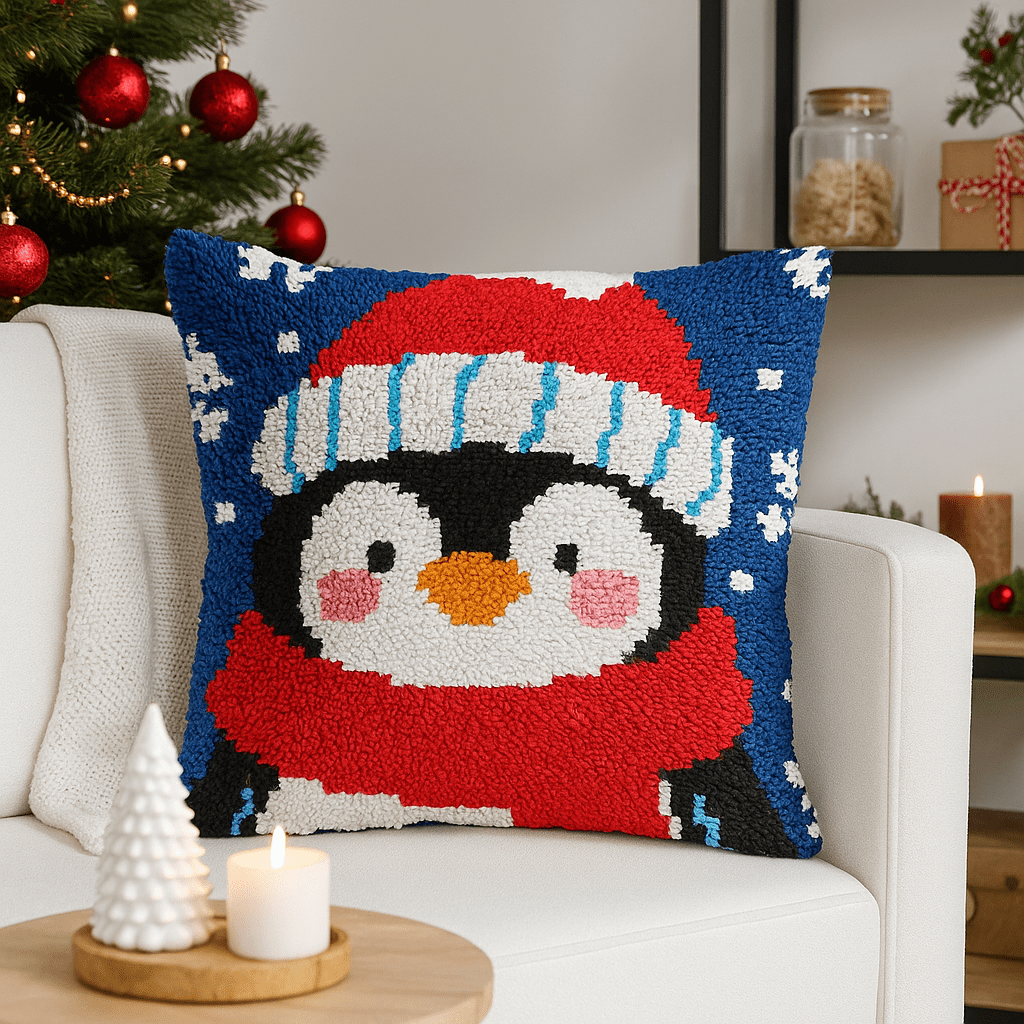Latch Hook Pillow Making Kit - Christmas Winter Penguin - DIY Craft Project