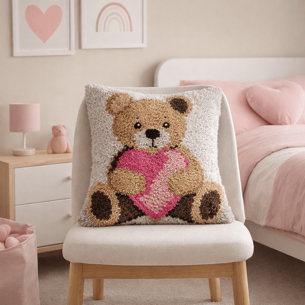 Latch Hook Pillow Making Kit - Cuddle Me Teddy Love - Creative Craft Project