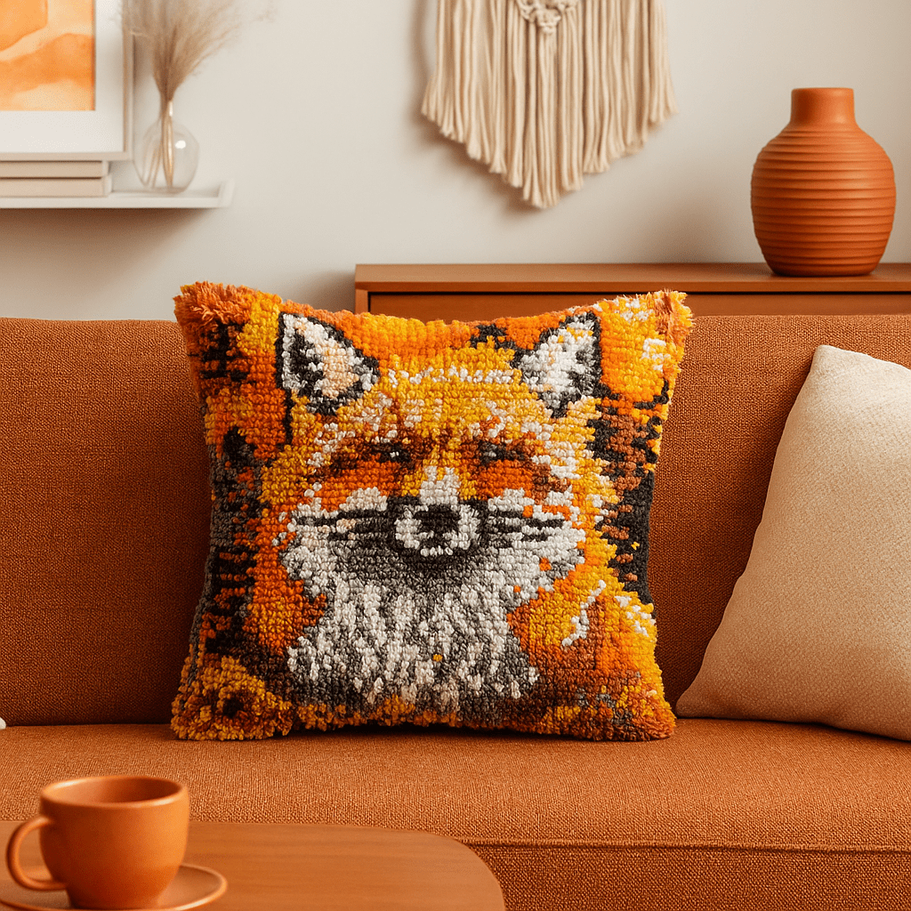 Latch Hook Pillow Making Kit - Fiery Orange Fox - DIY Craft Project