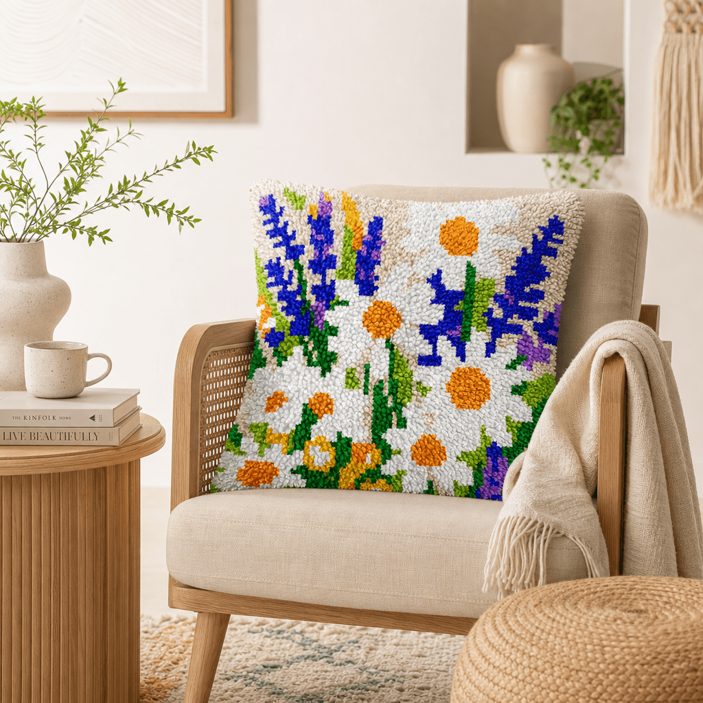 Latch Hook Pillow Making Kit - Lavender and Daisies Design