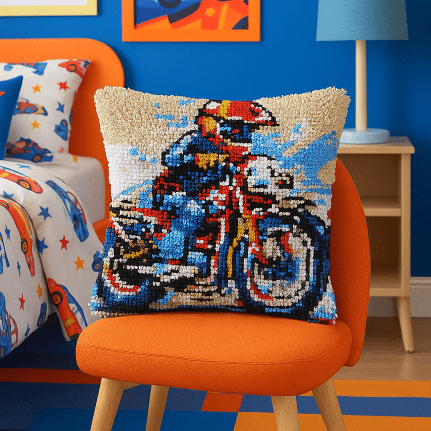 Latch Hook Pillow Making Kit - Motorbike Speedstar - Creative Craft Project