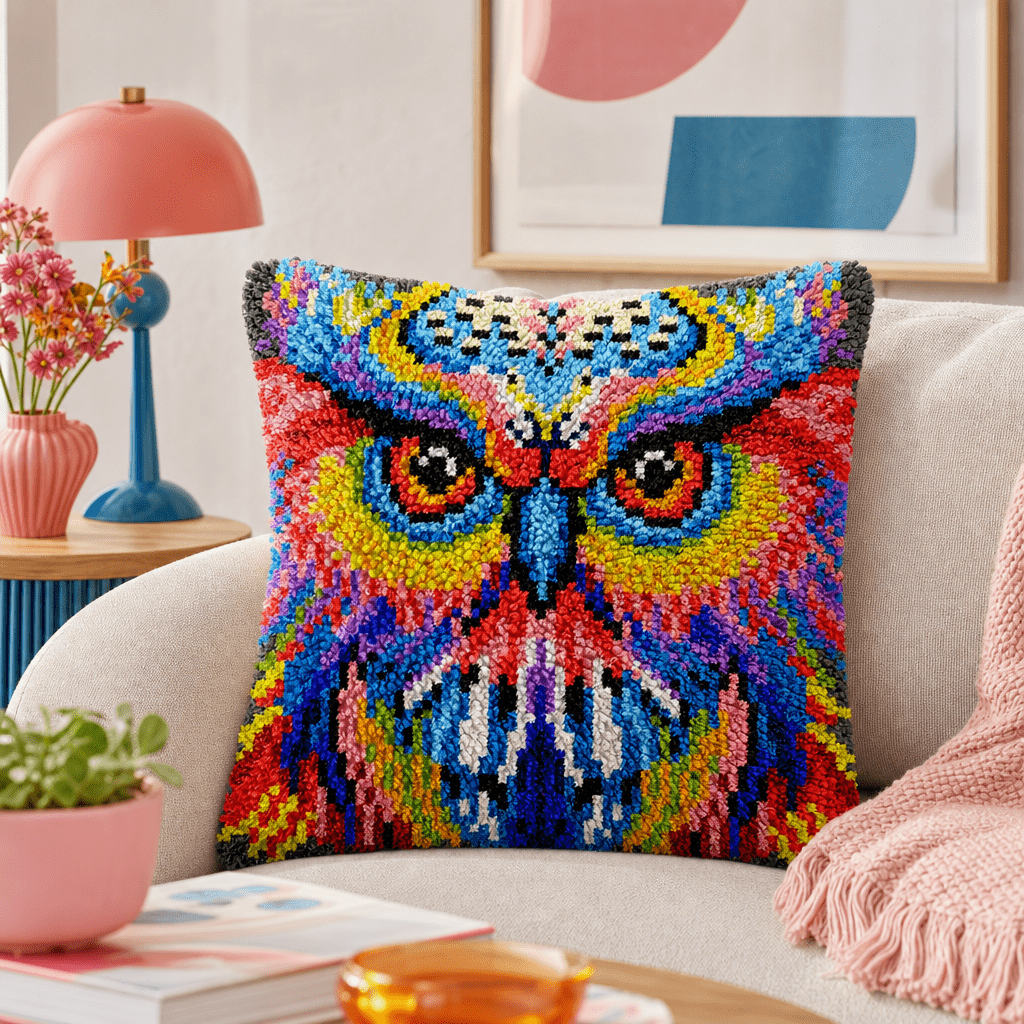 Latch Hook Pillow Making Kit - Psychedelic Owl Design