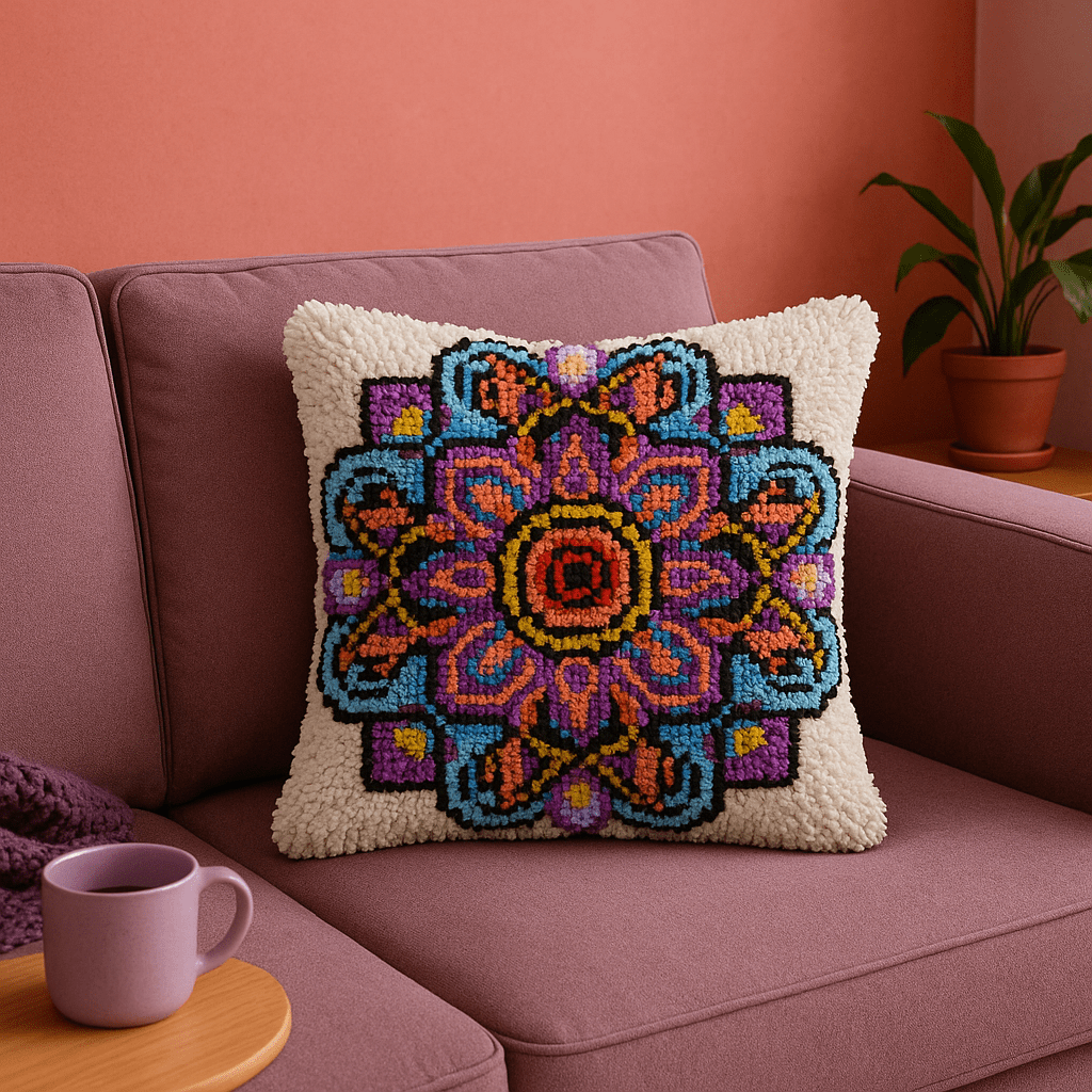 Latch Hook Pillow Making Kit - Purple Manadella Rosette Design