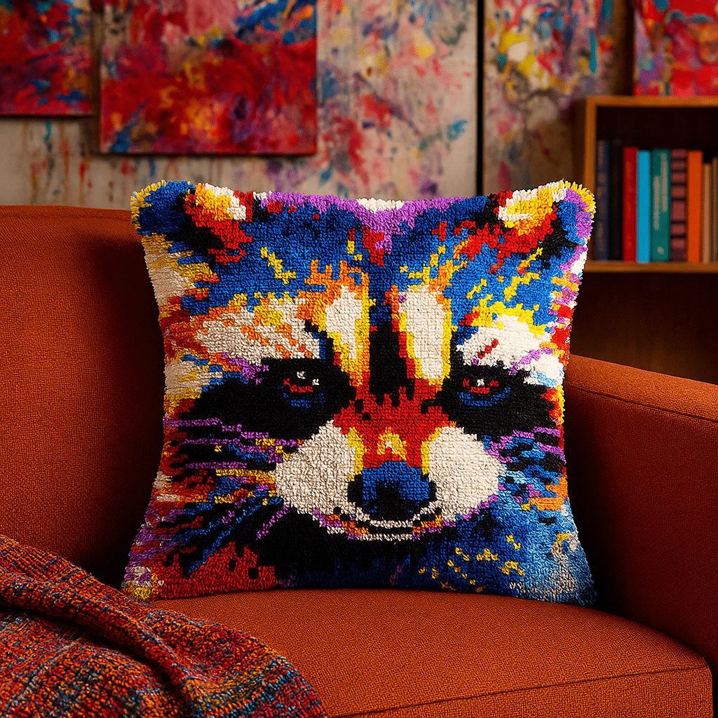 Latch Hook Pillow Making Kit - Raging Raccoon - Fun Craft Project