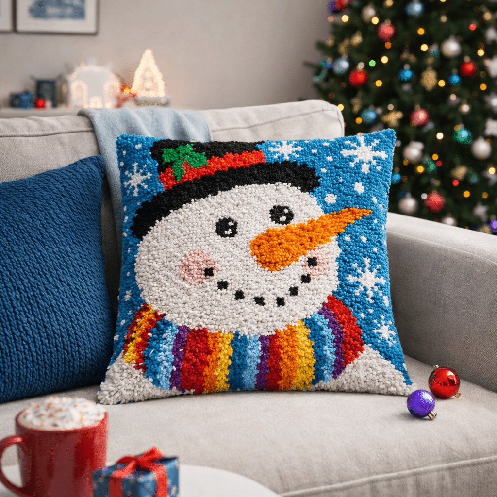 Latch Hook Pillow Making Kit - Rainbow Snowman - DIY Craft Project