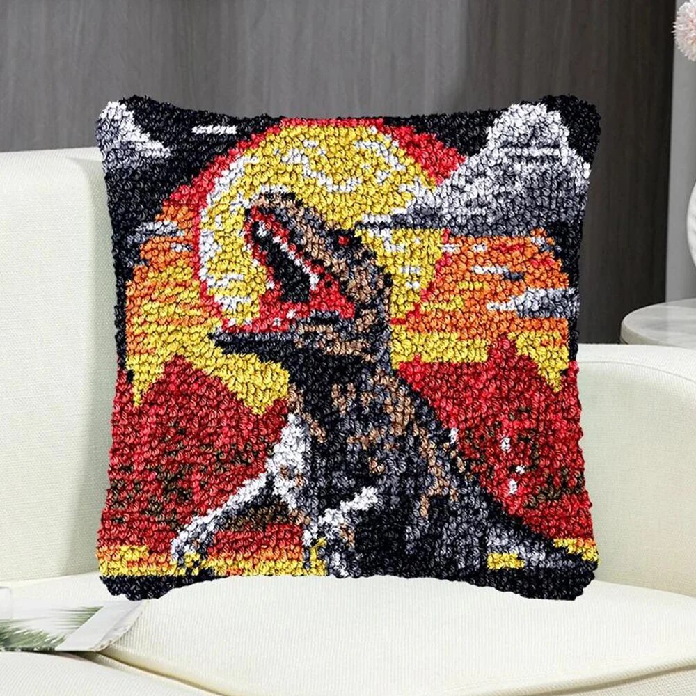 Latch Hook Pillow Making Kit - T Rex Dinosaur Roaring Design