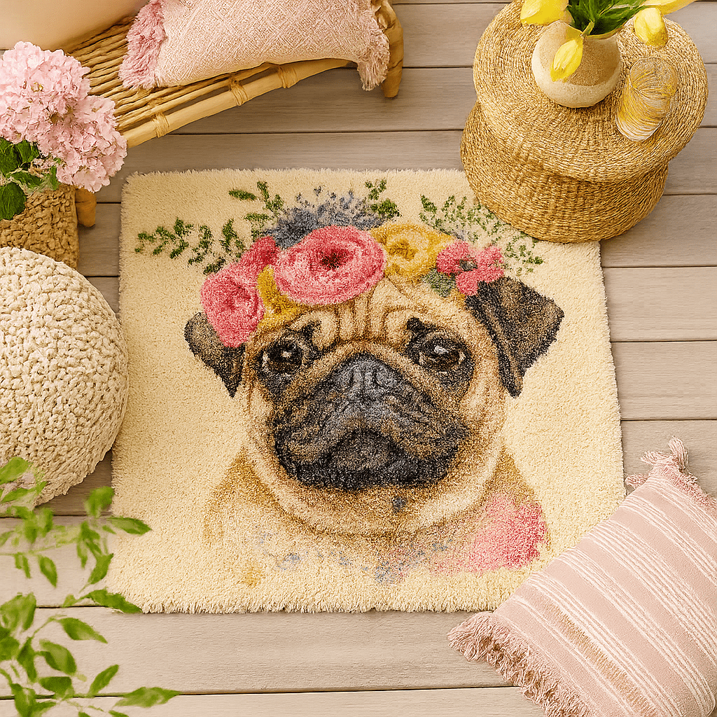 Latch Hook Rug Making Kit - Flower Power Pretty Pug 80cm x 80cm