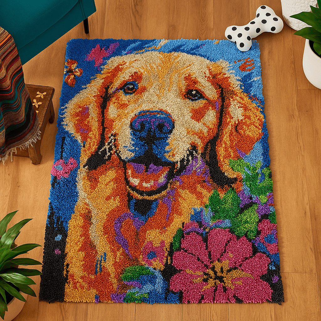 Latch Hook Rug Making Kit - Golden Retriever Bloom - 102x69cm
