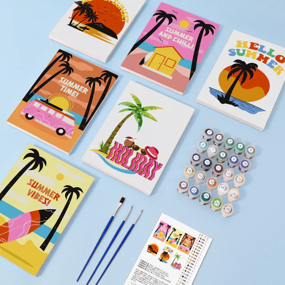 Paint & Sip Party Pack - Paint By Numbers 6pc Set - 15cm x 20cm - Hello Summer Vibes