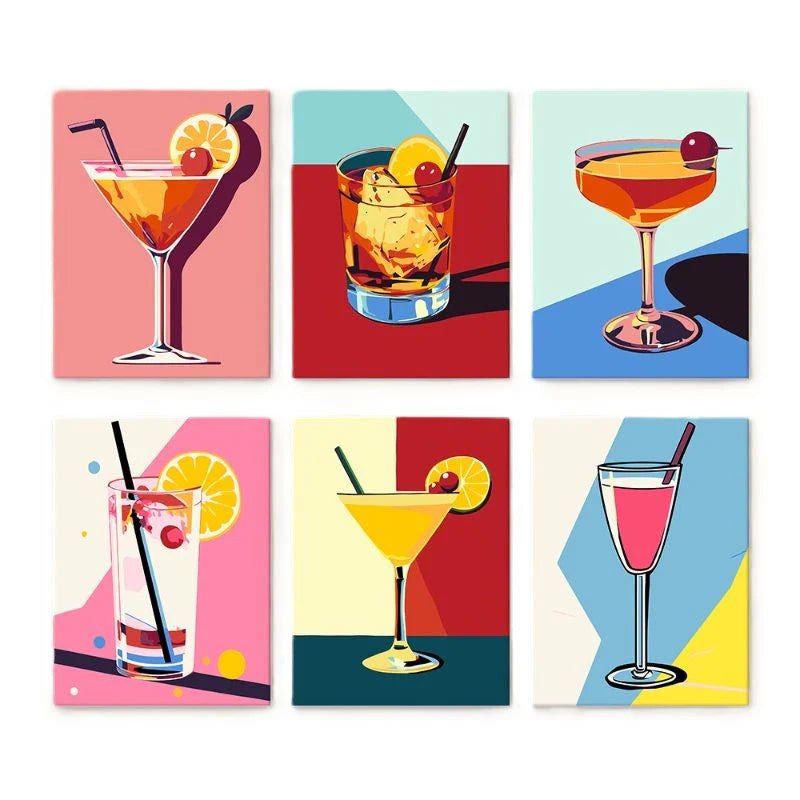 Paint & Sip Party Pack - Paint By Numbers 6pc Set - 15cm x 20cm - Cocktail Time