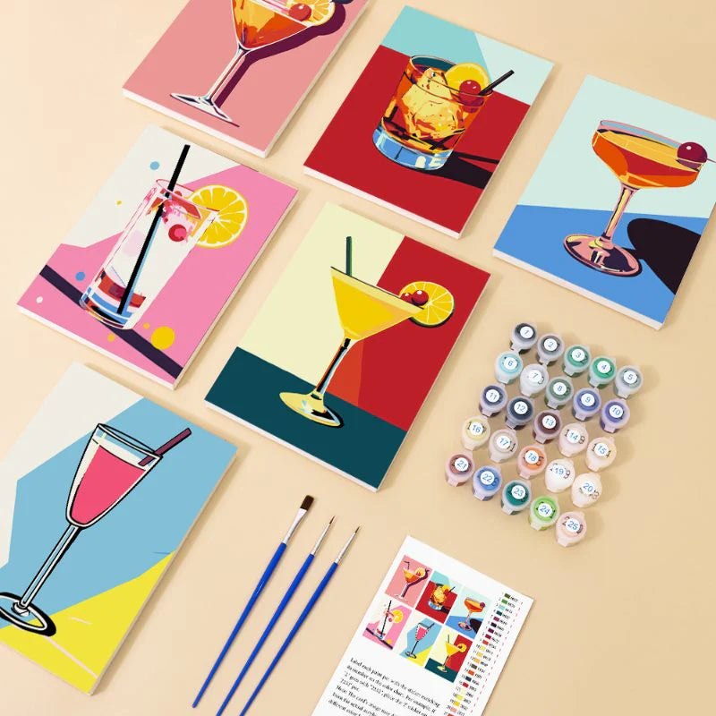 Paint & Sip Party Pack - Paint By Numbers 6pc Set - 15cm x 20cm - Cocktail Time
