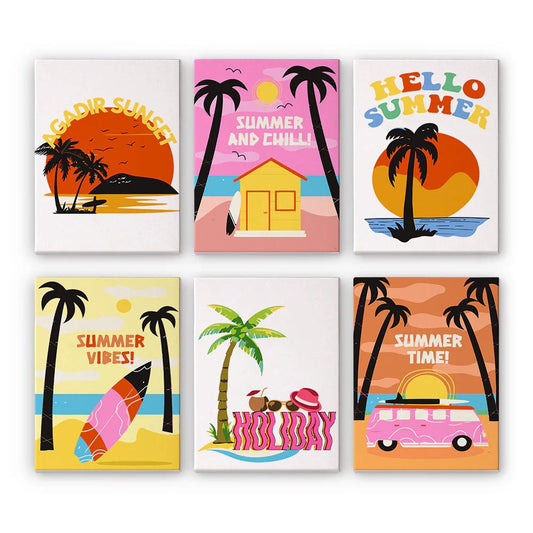 Paint & Sip Party Pack - Paint By Numbers 6pc Set - 15cm x 20cm - Hello Summer Vibes