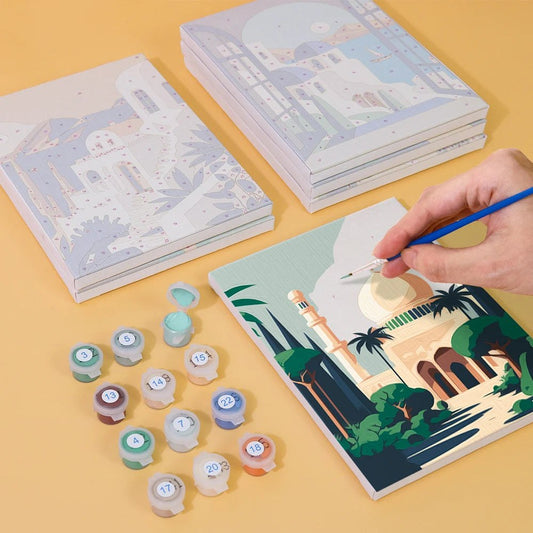 Paint & Sip Party Pack - Paint By Numbers 6pc Set - 15cm x 20cm - Exotic Locations