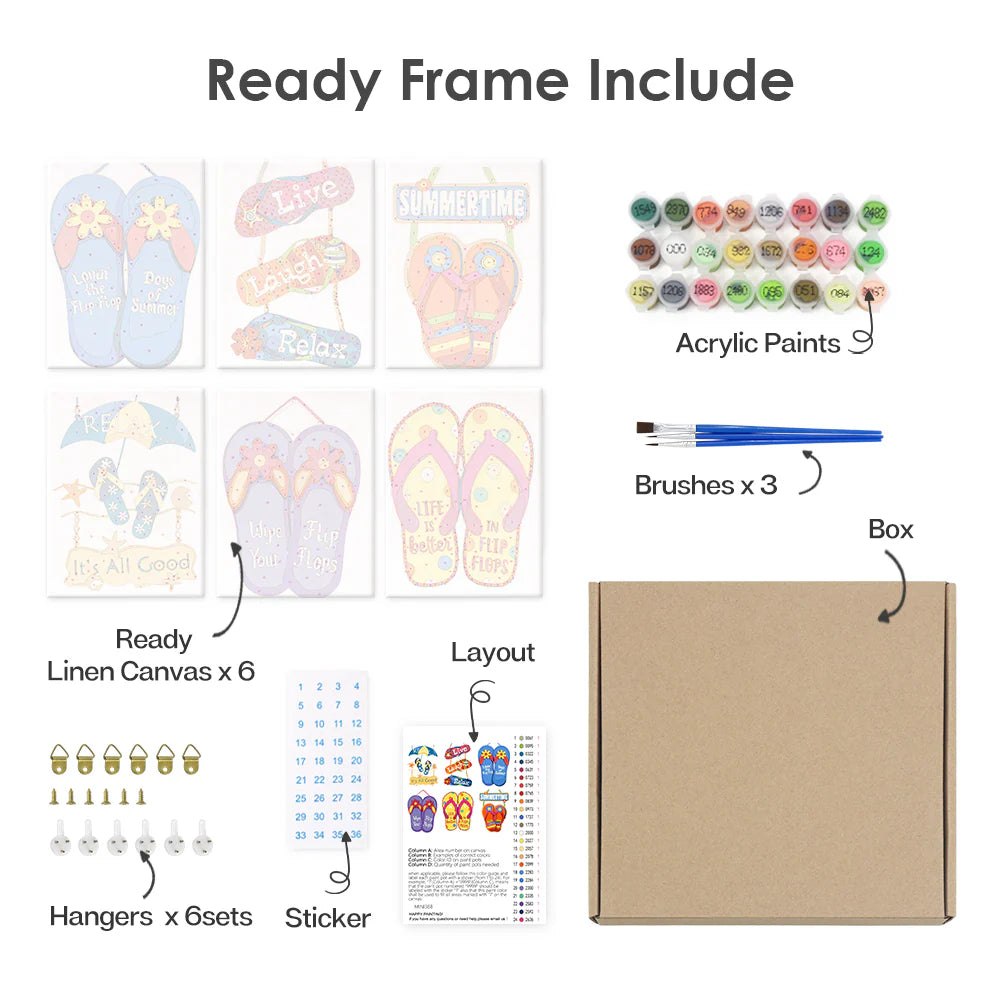 Paint & Sip Party Pack - Paint By Numbers 6pc Set - 15cm x 20cm - Flippin Summer Thongs