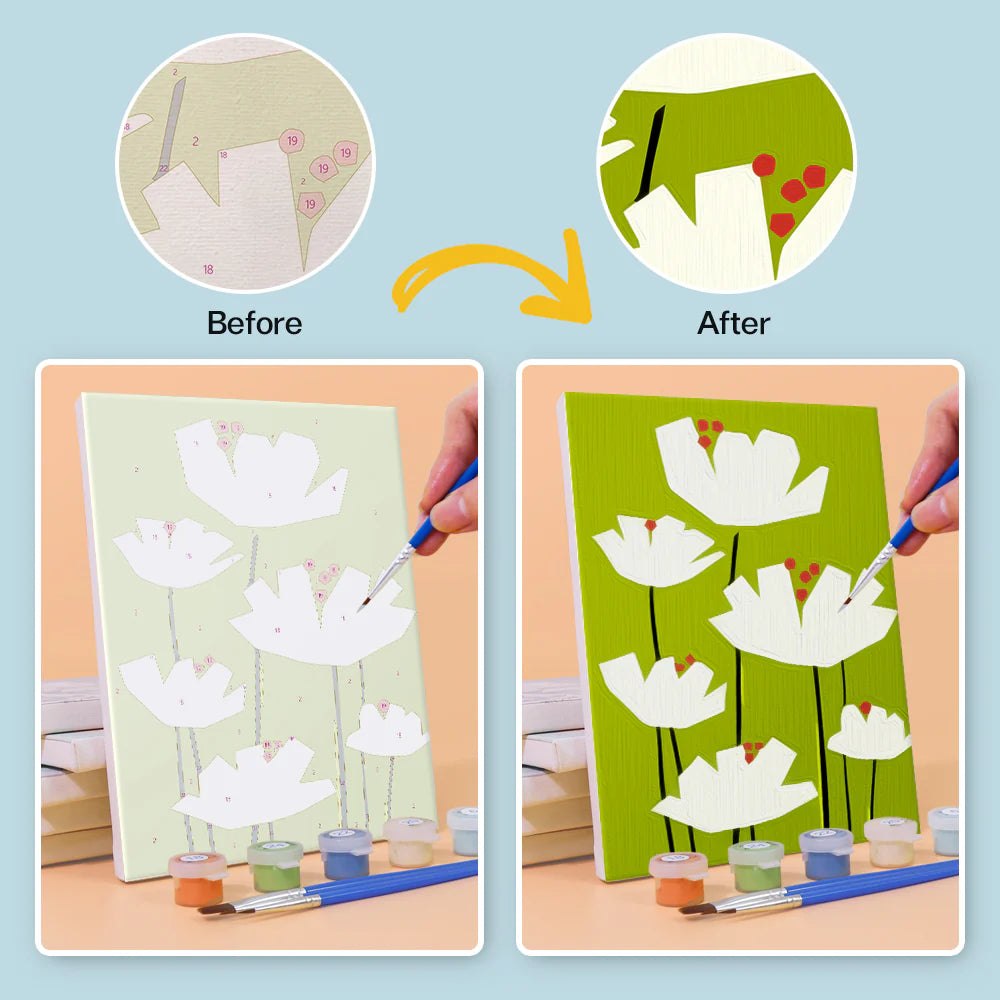 Paint & Sip Party Pack - Paint By Numbers 6pc Set - 15cm x 20cm - Minimalist Blossom