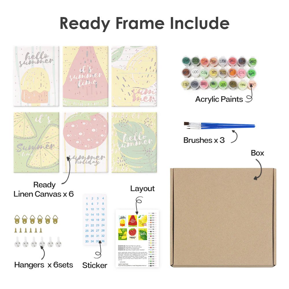 Paint & Sip Party Pack - Paint By Numbers 6pc Set - 15cm x 20cm - Summer Sizzle