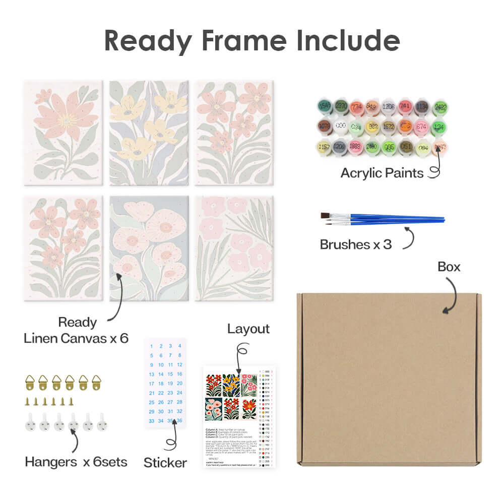 Paint & Sip Party Pack - Paint By Numbers 6pc Set - 15cm x 20cm - Spring Boho Fun