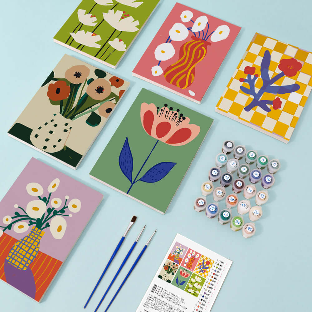 Paint & Sip Party Pack - Paint By Numbers 6pc Set - 15cm x 20cm - Art Deco Modern Bloom