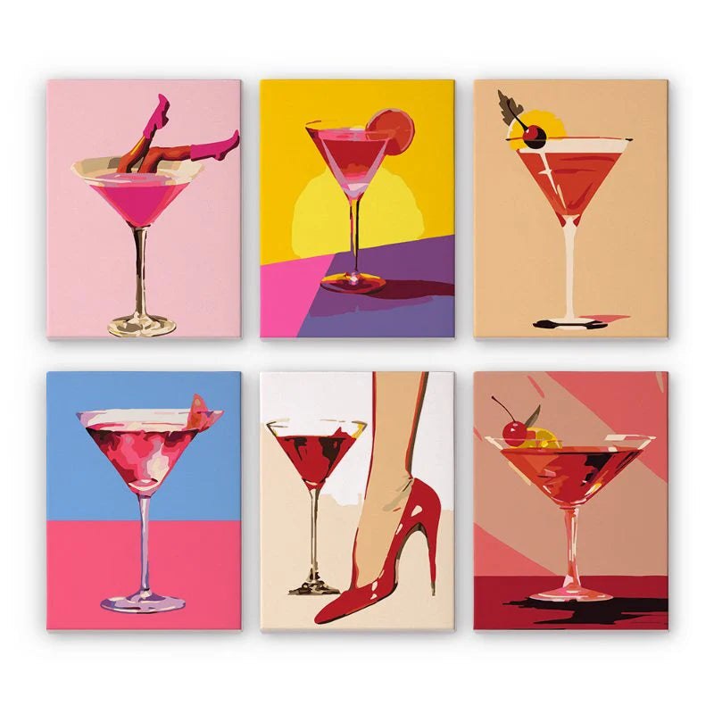 Paint & Sip Party Pack - Paint By Numbers 6pc Set - 15cm x 20cm - Cocktail Time