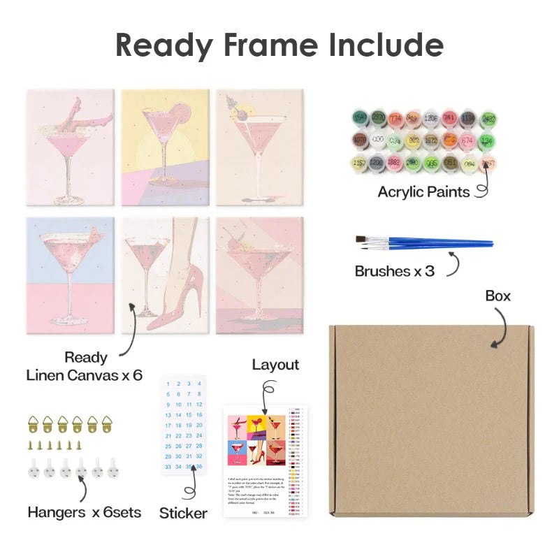 Paint & Sip Party Pack - Paint By Numbers 6pc Set - 15cm x 20cm - Cocktail Time