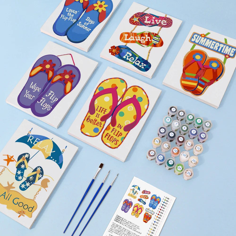 Paint & Sip Party Pack - Paint By Numbers 6pc Set - 15cm x 20cm - Flippin Summer Thongs