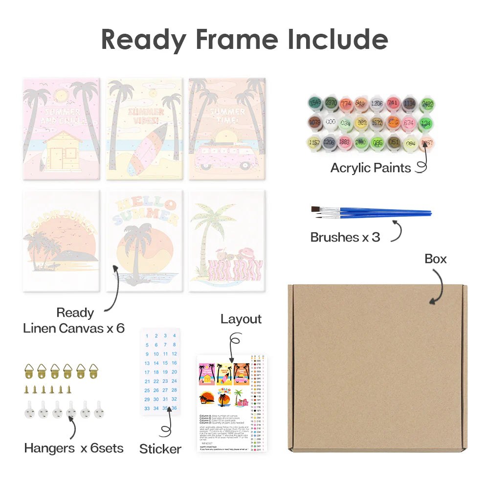 Paint & Sip Party Pack - Paint By Numbers 6pc Set - 15cm x 20cm - Hello Summer Vibes