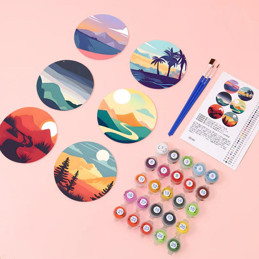 Paint & Sip Party Pack Paint By Numbers Coaster Pack - Mystical Mountains