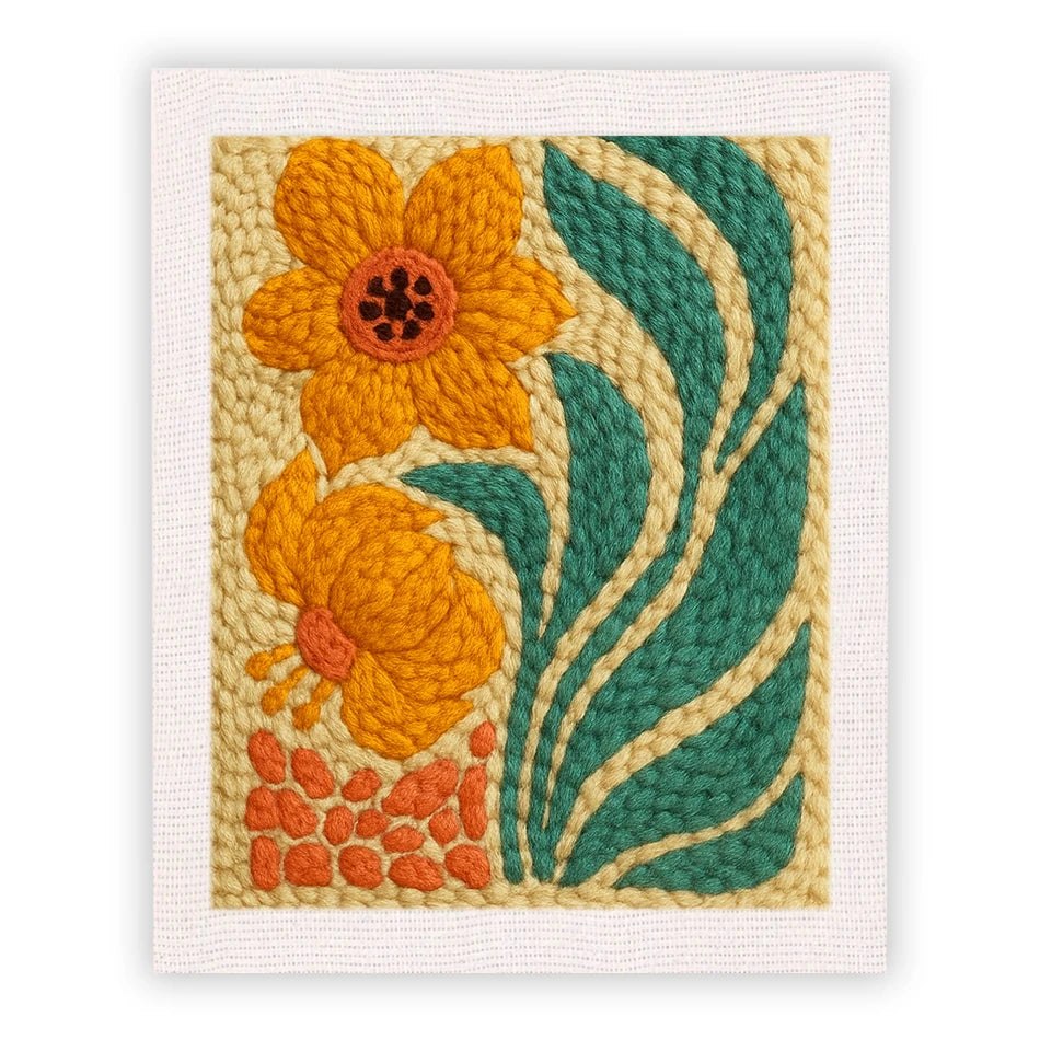 Punch Needle Embroidery Craft Kits With Frame 25cm x 30cm - Sweeping Boho Yellow Flowers