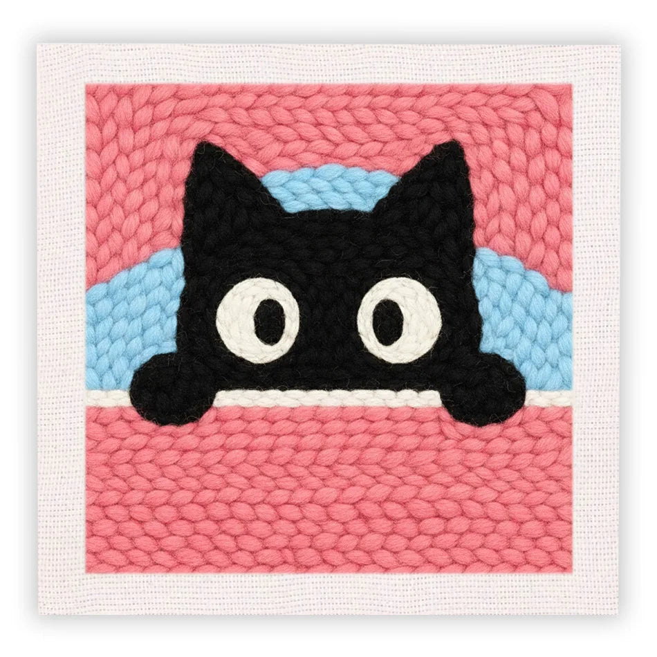 Punch Needle Embroidery Starter Kits With Frame 25cm x 25cm - Peak A Boo Pink Bed Kitty