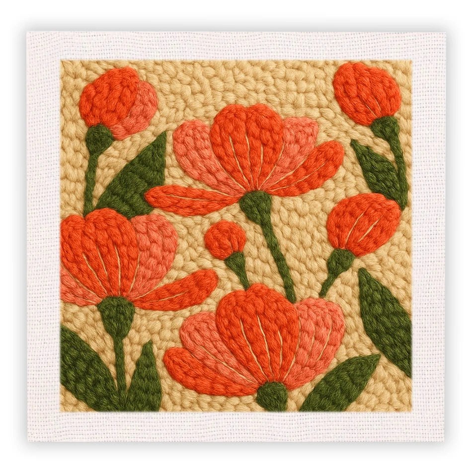 Punch Needle Embroidery Starter Kits With Frame 25cm x 25cm - Red Blossoming Buds