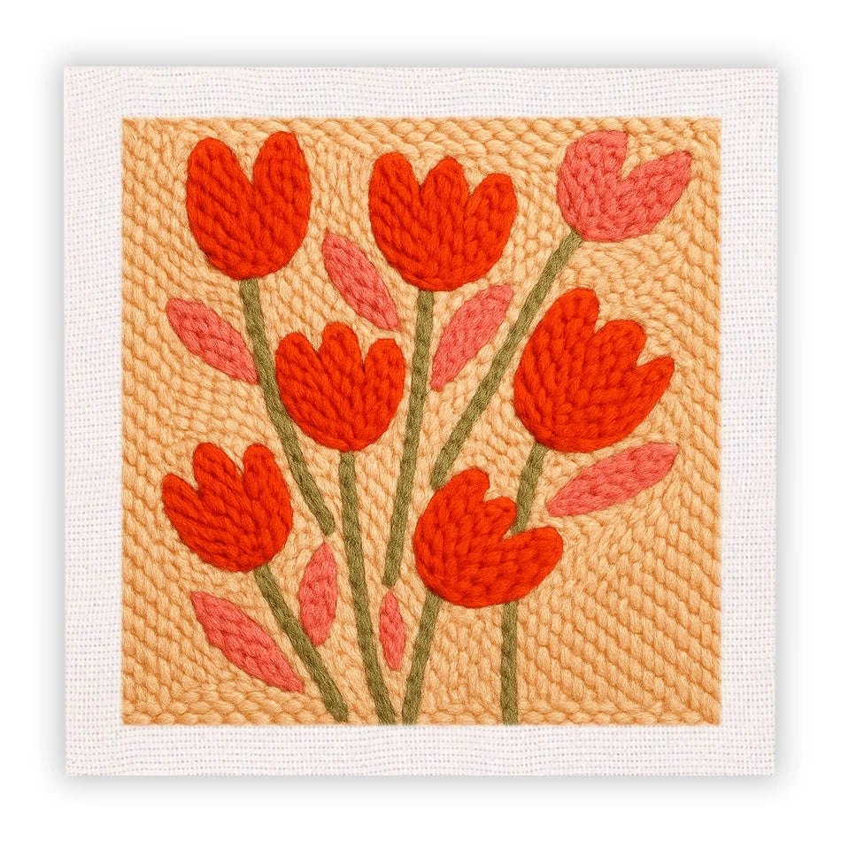 Punch Needle Embroidery Starter Kits With Frame 25cm x 25cm - Red Tulips