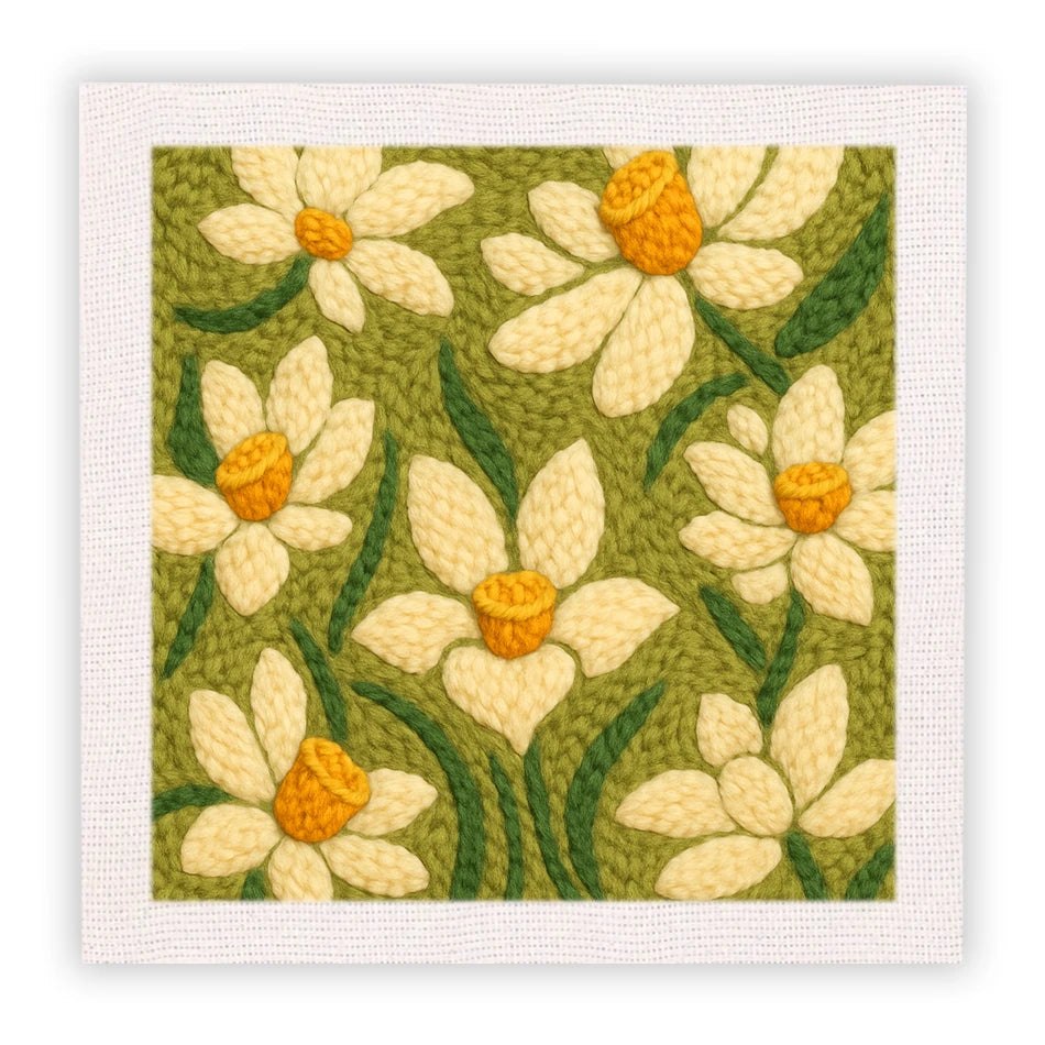 Punch Needle Embroidery Starter Kits With Frame 25cm x 25cm - White Daffodils