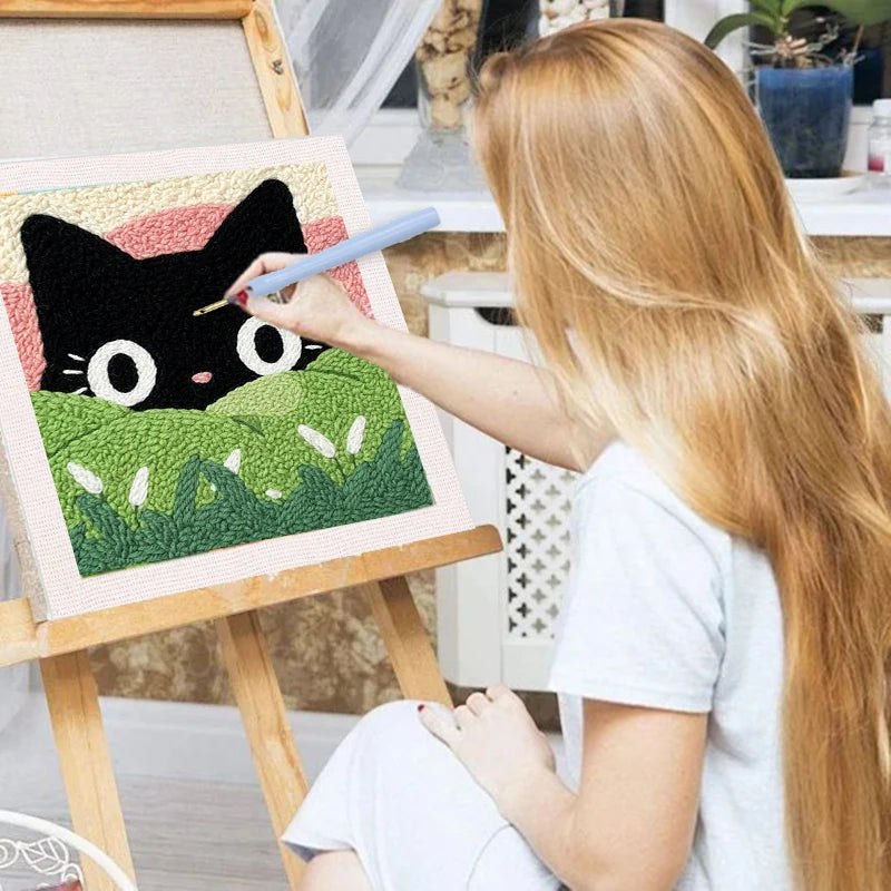 Punch Needle Embroidery Starter Kits With Frame 25cm x 25cm - Peak a Boo Meadow Kitty