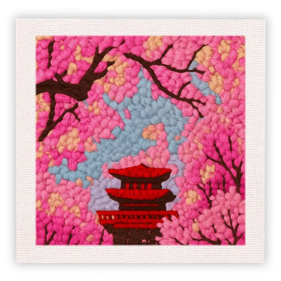 Punch Needle Embroidery Starter Kits With Frame 25cm x 25cm Scenery - Japan Cherry Blossom Temple